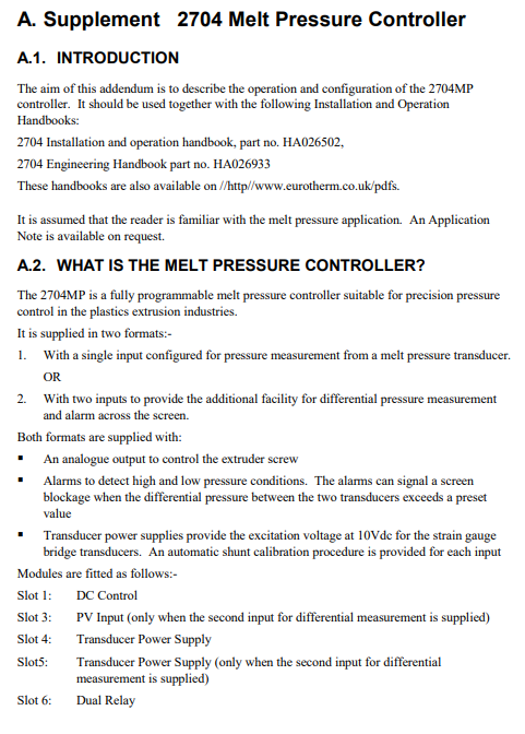 Eurotherm 2704 Melt Pressure Controller Manual